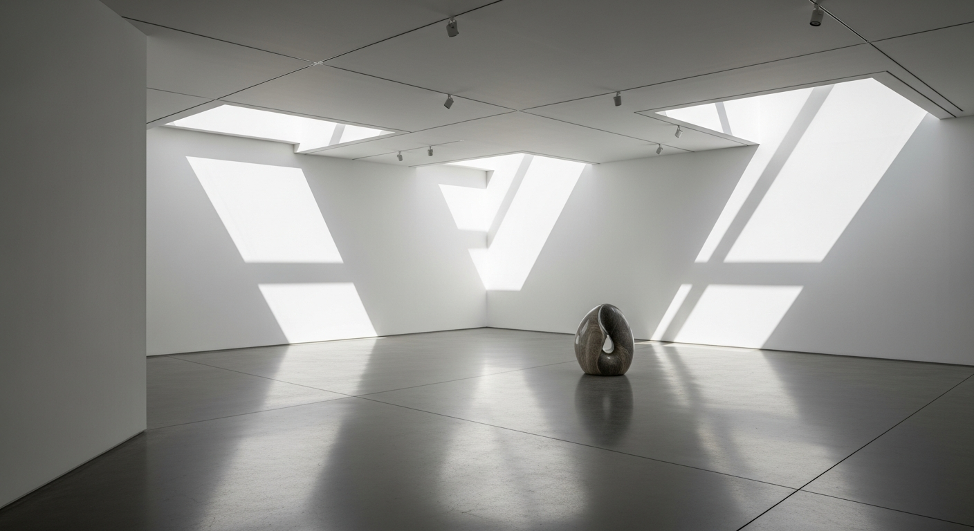 AI_IMAGE: A contemporary art gallery pavilion with stark white walls, polished concrete floors, dramatic natural light from skylights, minimal interior with a single sculptural element, ultra-clean architectural lines, the interplay of shadow and light creating geometric patterns on surfaces, shot with architectural precision | photorealistic | landscape