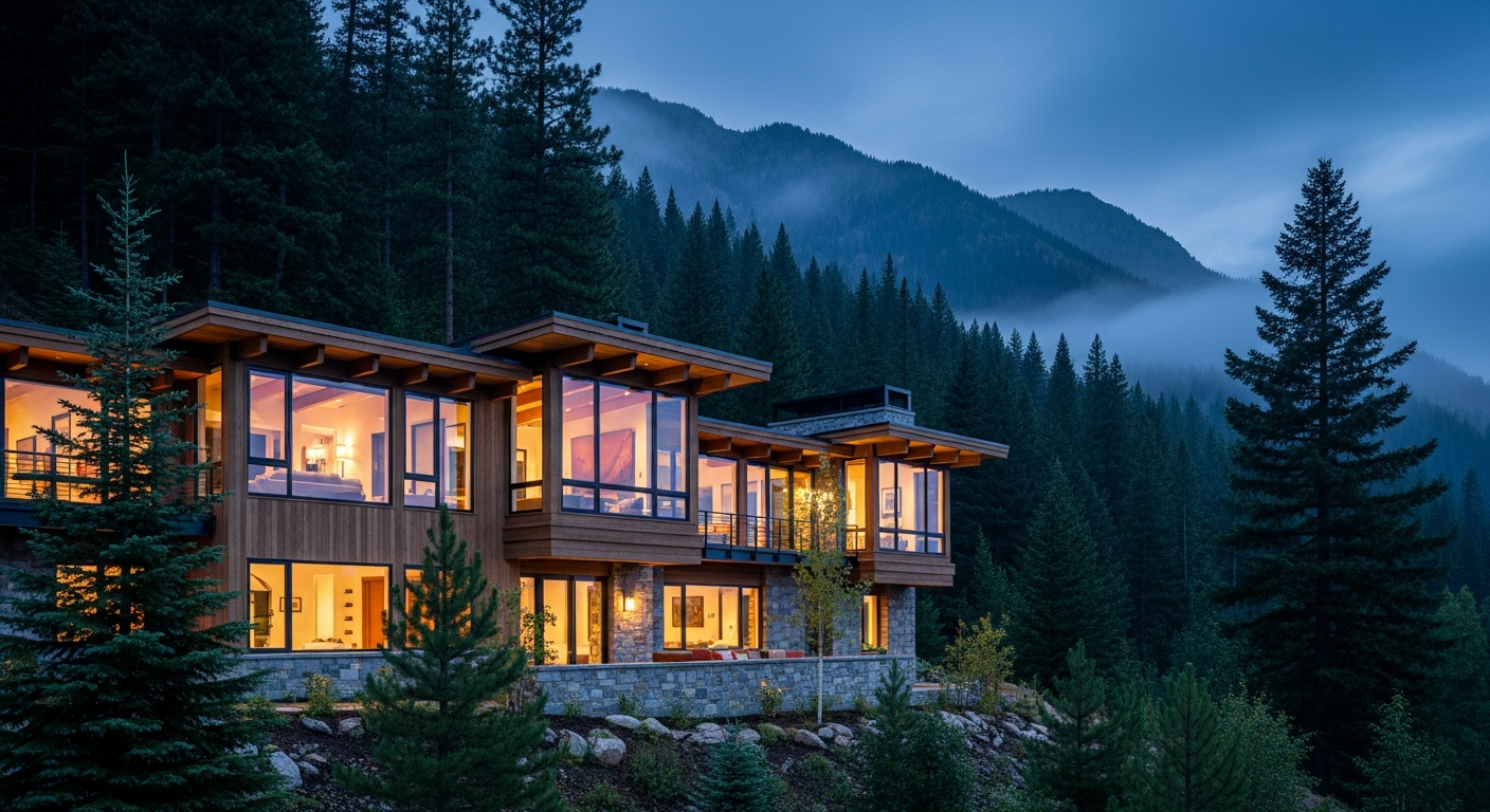 AI_IMAGE: A timber and stone mountain retreat nestled into a forested hillside, large panoramic windows reflecting surrounding pine trees, warm interior glow at dusk, integration of natural materials with modernist form, mist-covered mountains in background, architectural photography with cinematic quality | photorealistic | landscape