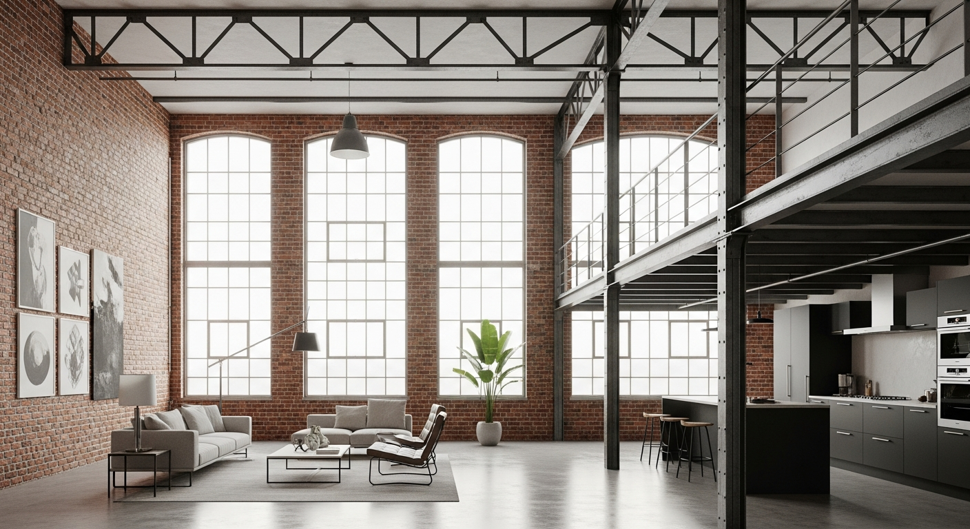 AI_IMAGE: A converted industrial loft space with exposed steel beams and brick walls, double-height ceiling with mezzanine level, minimalist furniture on polished concrete floor, large factory windows flooding space with diffused daylight, a blend of raw industrial character with refined contemporary finishes | photorealistic | landscape